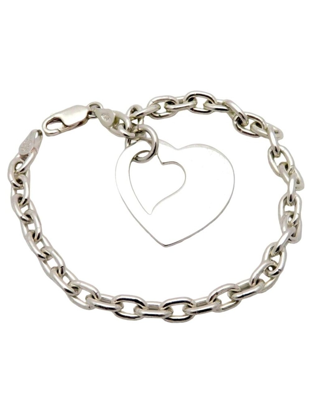 MWS Sterling Silver 925 Italy Cable Link Open Heart Charm Bracelet - 7.75 Inch
